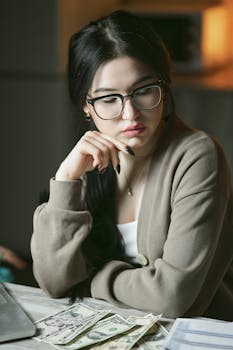 A Woman wearing Eyeglasses Looking a Money and Paper